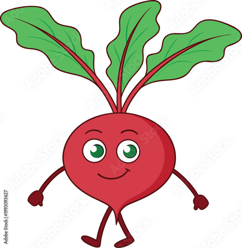 Cute walking beetroot vegetable character with a happy green eyed smiling face