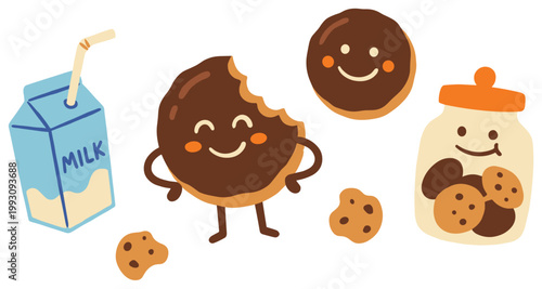 Sweet milk and cookie characters in a delightful scene. Vector illustration for children's food and snack concepts.