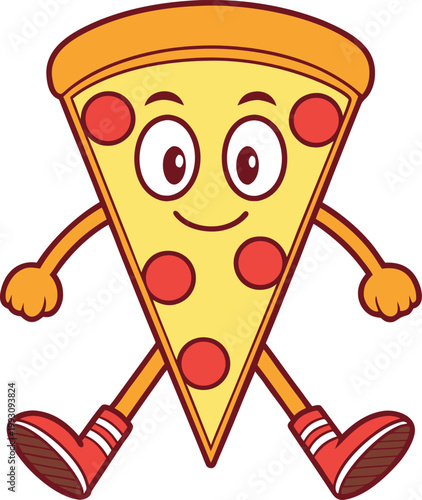 Delightful Cartoon Pizza Slice Character with Pepperoni Toppings Happily Taking a Walk
