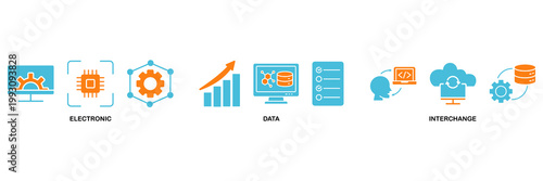 EDI icon set Aqua Orange Flat concept for electronic data interchange of business documents standard format with a cloud server, exchange, database, file, chart, automation, and process icon