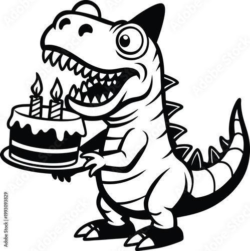 Delightful Cartoon Tyrannosaurus Rex Celebrating a Birthday with a Frosted Cake