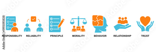 Business ethics icon set Aqua Orange Flat concept for web and print with an icon of responsibility, reliability, principle, morality, behavior, relationship, and trust�