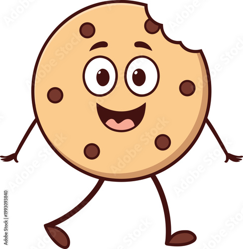 Delightful chocolate chip cookie mascot with a happy smile and a bite mark cheerfully walking
