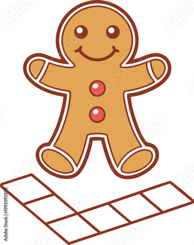 Delightful Gingerbread Man Character Jumps with Joy on a Hopscotch Grid Outline
