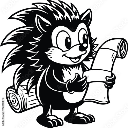 Delightful Hedgehog Character Happily Presenting an Important Vintage Scroll Document for Learning