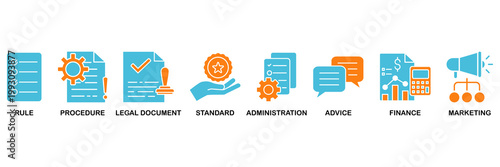 Guideline icon set Aqua Orange Flat concept for rule, procedure, legal document, standard, administration, advice, finance, marketing