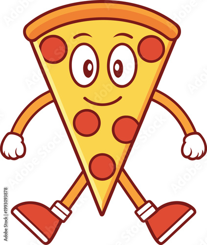Delightful Pizza Slice Cartoon Character Happily Stepping with White Gloves and Smile