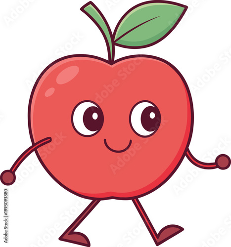 Delightful Red Apple Fruit Character with a Green Leaf Happily Taking a Stroll