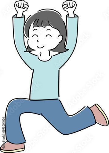 ニコニコの笑顔でガッツポーズをする女性の全身シンプルイラスト（成功・達成・やる気・ポジティブ・人物素材） /
Full body smiling woman making a victory pose simple line illustration (success, achievement, motivation, positive, people)