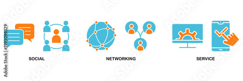 SNS icon set Aqua Orange Flat concept for social networking service with icon of communication, chat, community, internet, and user