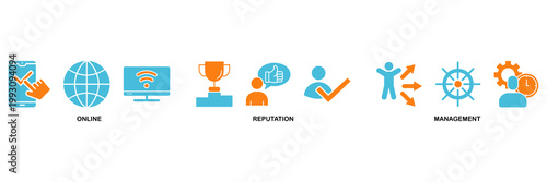 ORM icon set Aqua Orange Flat concept for online reputation management with icon of internet, browser, winner, trust, favorite, and business