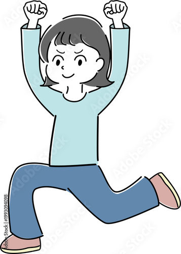 両腕の拳をあげて笑顔でガッツポーズをする女性の全身シンプルイラスト（成功・達成・やる気・ポジティブ・人物素材） /
Full body smiling woman making a victory pose simple line illustration (success, achievement, motivation, positive, people)