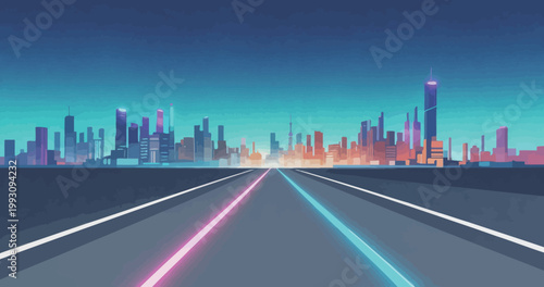 Neon Highway Through Futuristic Cityscape