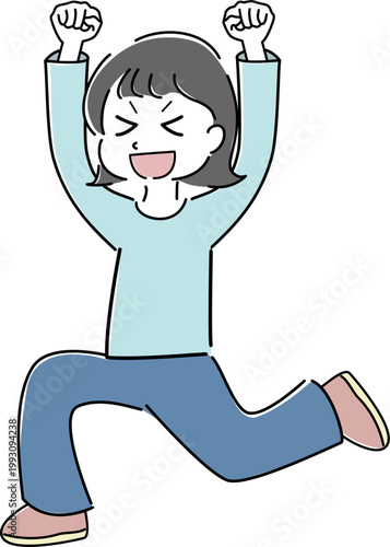 満面の笑顔でガッツポーズをする女性の全身シンプルイラスト（成功・達成・やる気・ポジティブ・人物素材） /
Full body smiling woman making a victory pose simple line illustration (success, achievement, motivation, positive, people)