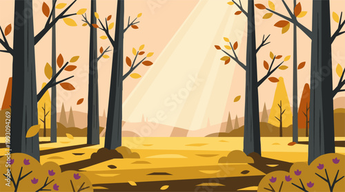 Vibrant autumn forest landscape with sun rays and colorful fall leaves