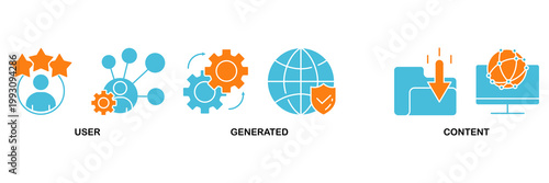 UGC icon set Aqua Orange Flat concept for user-generated content with icon of people, network, process, engine, click, internet, website, archive and browser