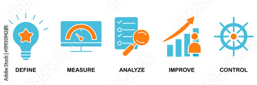 Lean six sigma icon set Aqua Orange Flat concept for process improvement with icon of define, measure, analyze, improve, and control