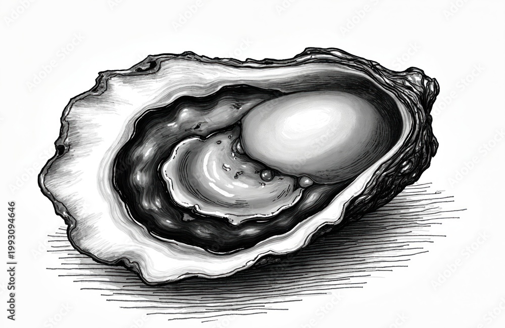 Fototapeta premium Detailed black and white ink sketch of a single open oyster. The illustration features delicate line work, shading, and a vintage feel. Perfect for food blogs, menus, or culinary art.