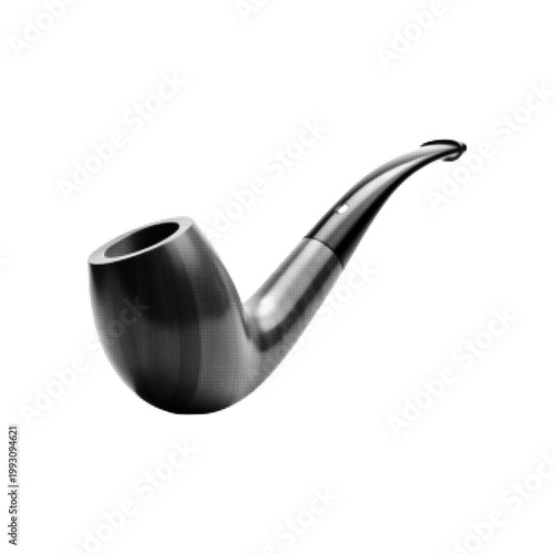 Halftone monochrome illustration of a classic tobacco pipe, vintage dotted engraving style, isolated on white background.