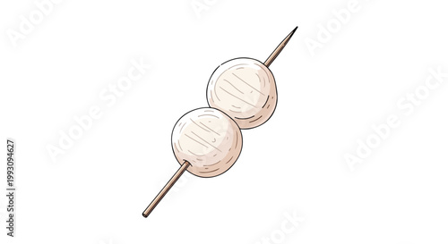 Illustration of two meatballs on a wooden skewer isolated on white background.