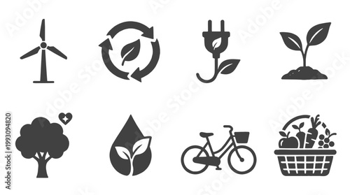 Premium Eco-Friendly and Sustainability Solid Glyph Icon Set. Essential renewable energy, agriculture, and green lifestyle vector symbols for clean UI design and environmental campaigns.