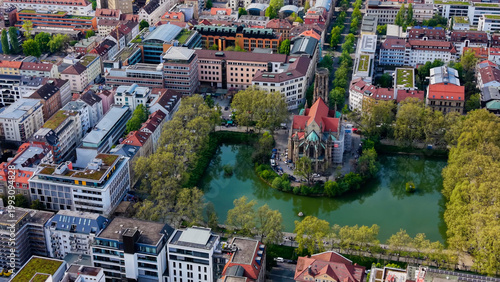  A panoramic aerial view above the Feuersee Church in Stuttgart, the capitol city of Baden-Württemberg in Germany on a sunny spring day