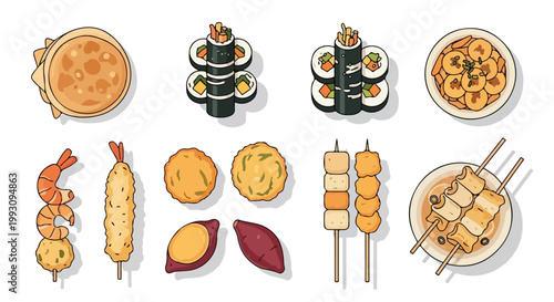 Set of hand drawn Japanese street food items including sushi rolls and tempura.