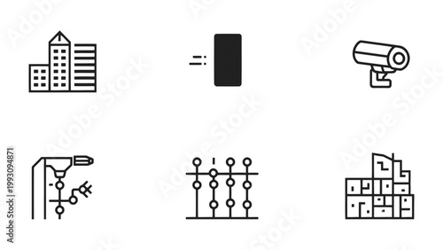 Urban Security Icons: A collection of meticulously crafted, clean line icons, showcasing essential elements of urban security and protection.