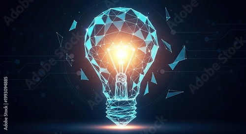 A glowing light bulb with a glowing filament in a dark background, surrounded by a network of glowing lines and dots.
