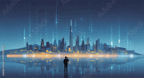 Silhouette Businessman Over Tech Cityscape