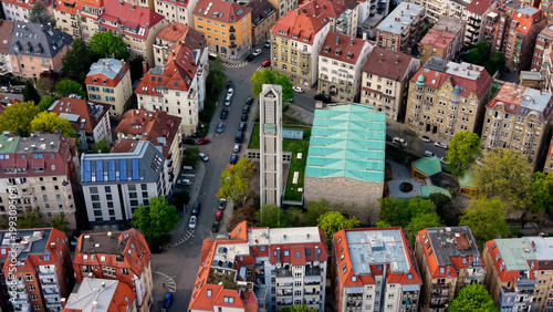A panoramic aerial view above Stuttgart west of Stuttgart the capitol city of Baden-Württemberg in Germany on a sunny spring day