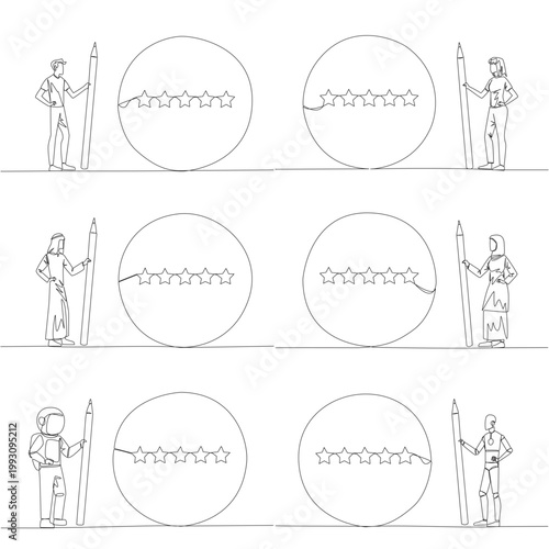 Continuous line drawing features a man, woman, Arab, astronaut, and robot holding a giant pencil to sketch five stars. Engaging education concept suited for children coloring page with business theme.