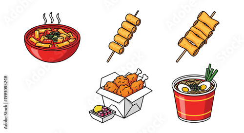 Set of delicious Korean street food icons featuring tteokbokki and fried chicken.
