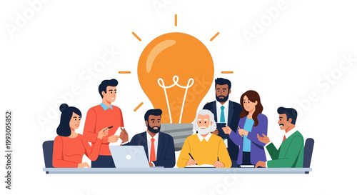 Diverse group of people brainstorming ideas.