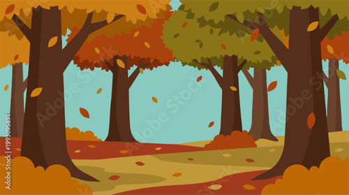 Autumn Forest Landscape with Falling Leaves and Colorful Trees