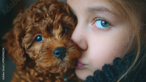 Young girl kissing her adorable puppy with curly fur indoors  