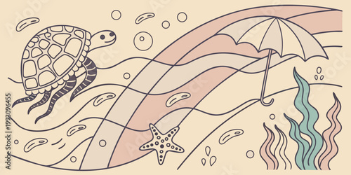 Boho sea turtle vector illustration, whimsical ocean life with starfish and seaweed, pastel nautical line art, marine animals in dreamy beach scene