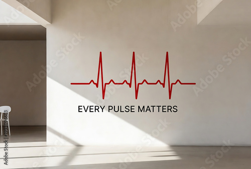 A heartbeat graphic is displayed on a minimalist, sunlit interior wall with two chairs.