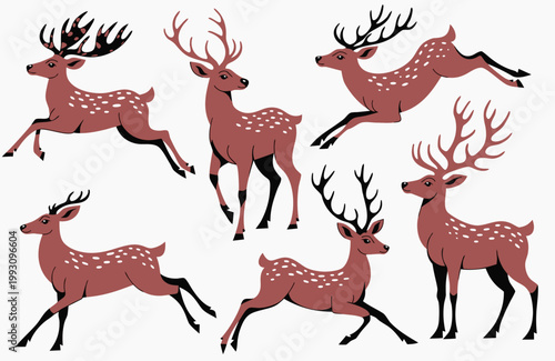 A digital illustration featuring six stylized deer with reddish-brown coats and white spots. The deer are shown in various dynamic poses some standing alert and others leaping or running.