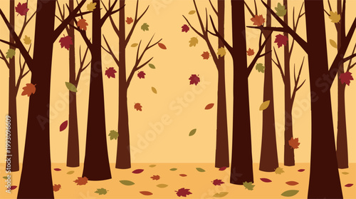 Vibrant Autumn Forest Illustration with Colorful Falling Leaves