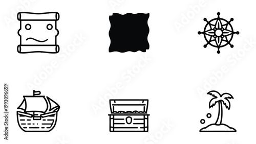 Adventure Awaits: Explore the classic symbols of a thrilling journey, with a treasure map, sea chart, nautical compass, pirate ship, treasure chest, and tropical island.