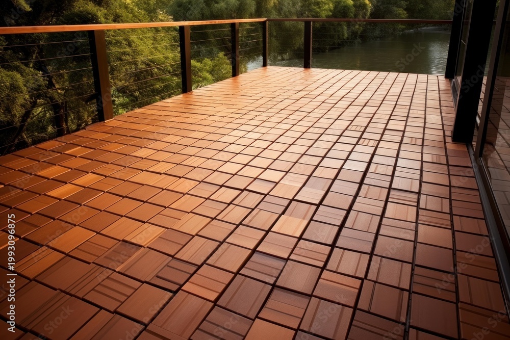 Fototapeta premium Wood tile deck providing an outdoor living space with scenic river and nature views
