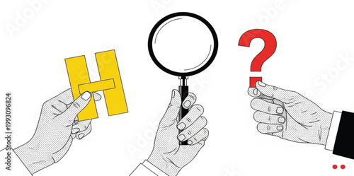 Who What Why Question Concept with Hands Holding Letters Magnifying Glass and Question Mark Pop Art Vector Illustration Design