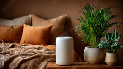 Cozy bedroom with beige bedding, green plants, and decor vase  