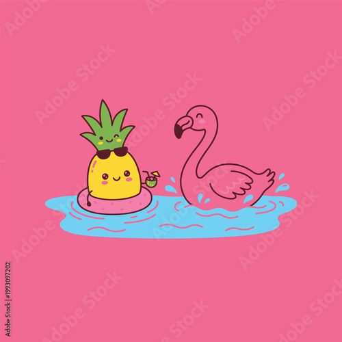 Cute Cartoon Pineapple and Flamingo Floating on a Pool in a Vector Style