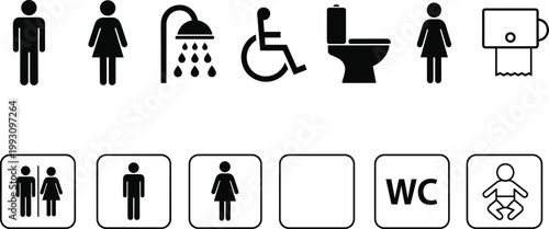 Restroom Bathroom Icon Set with Toilet Shower Wheelchair WC Male Female and Baby Symbols Vector Illustration Collection Design