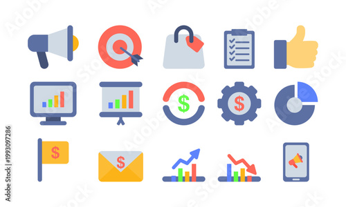 Vector illustration of a digital marketing icon set including social media, analytic, advertising, and online business elements. 