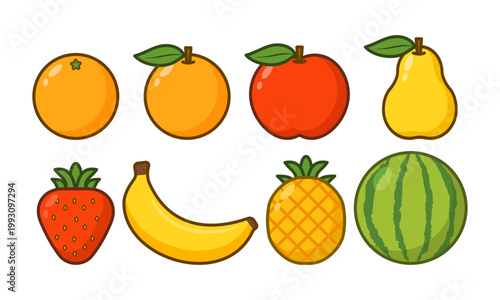 Colorful vector illustration featuring a variety of fruits including orange, apple, pear, strawberry, banana, pineapple, and watermelon.