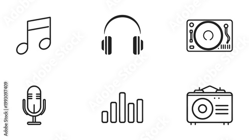 Music Elements: Capturing the essence of sound, a visual symphony of music-related icons creates a harmonious representation. 