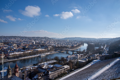 Würzburg cityscape with Main River and snow-covered vineyard